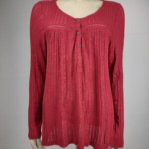 NWT Lucky Brand red semi-sheer long sleeve Henley blouse top ladies Large